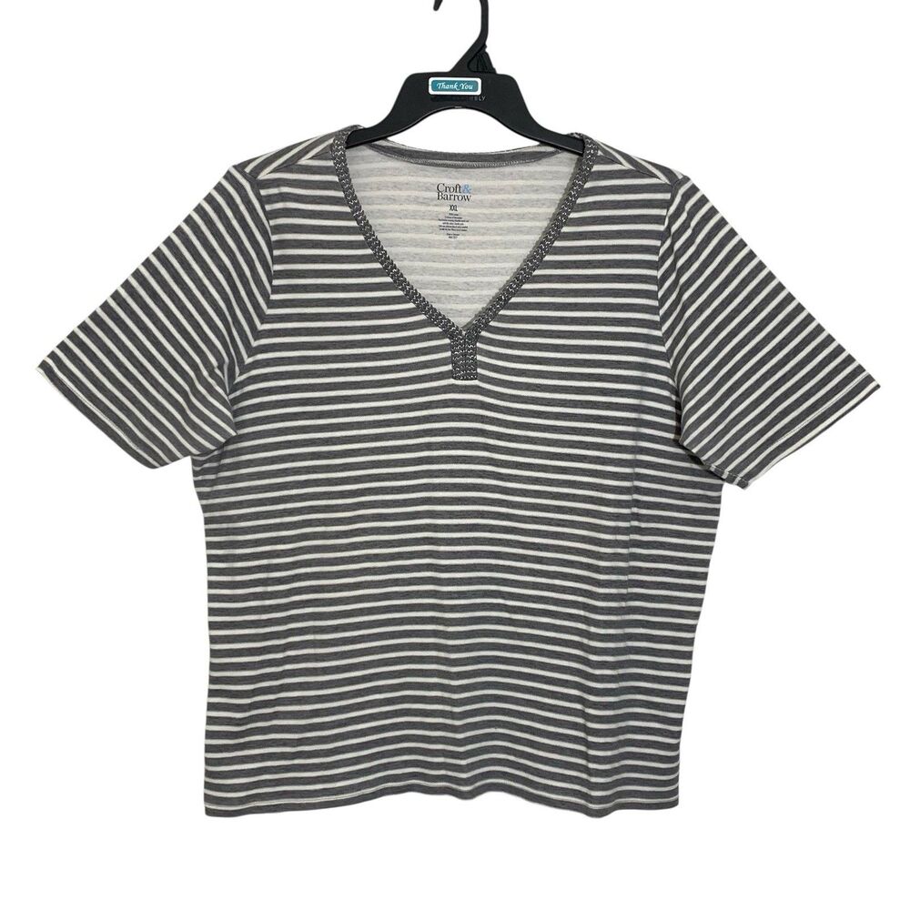 Croft & Barrow T-Shirt Top Womens Size XXL Gray White Striped Short Sleeve Knit
